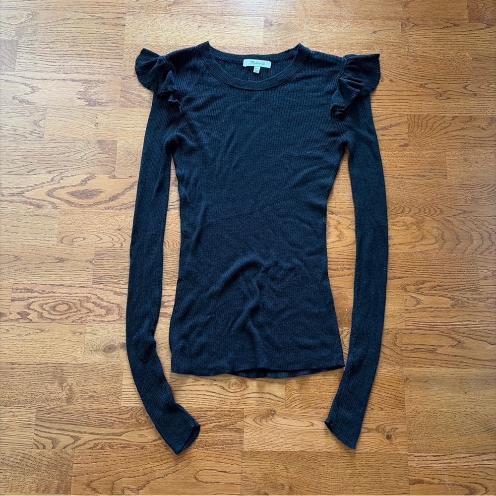 Madewell Black Ribbed Long-Sleeve Top with Ruffle Shoulders